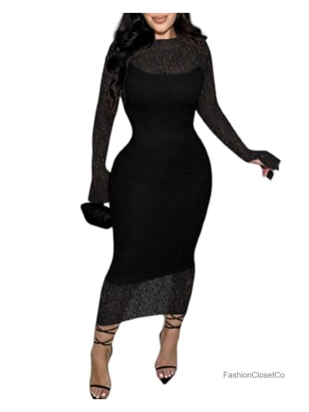 Sexy Sheer Lace Midi Dress Set Long Sleeve Bodycon Going Out